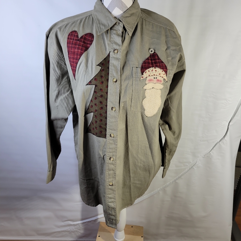 PTNY Applique Christmas Long Sleeve Button front Blouse Size Medium